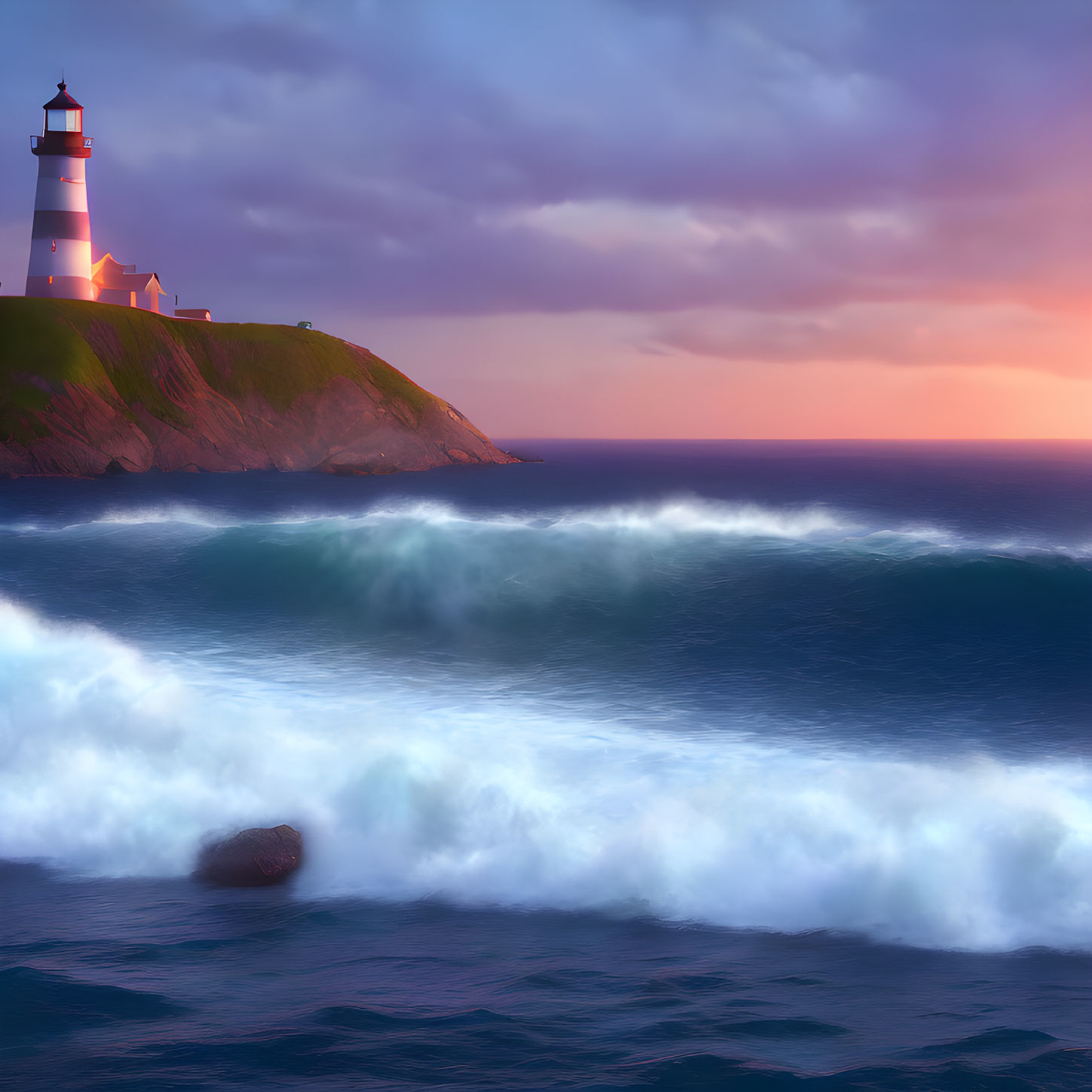 Cliff-Perched Lighthouse Amid Turbulent Ocean Waves at Sunset