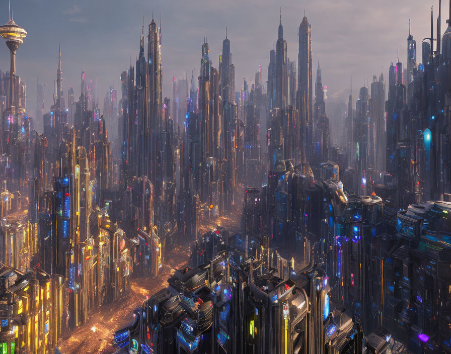 Futuristic cityscape with skyscrapers and flying vehicles at dusk