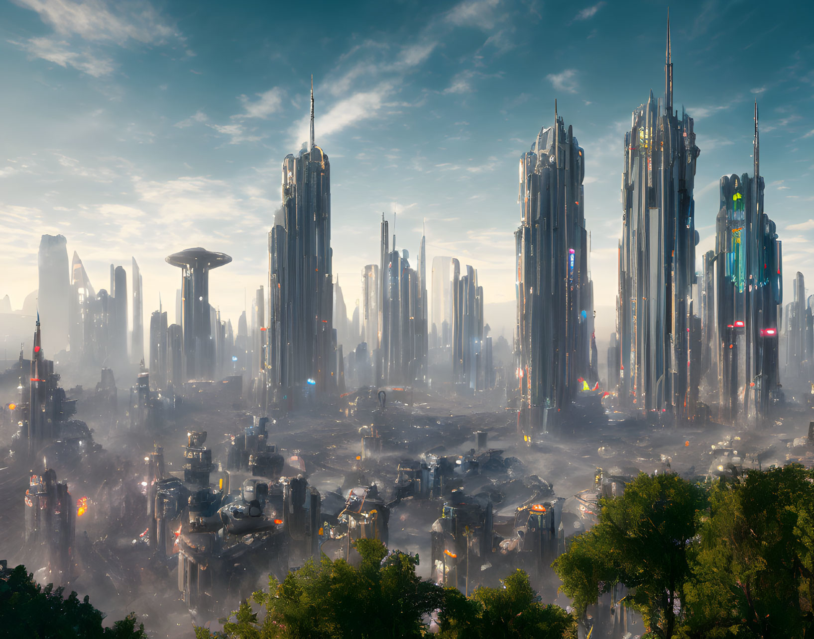 Futuristic cityscape with skyscrapers and greenery under hazy sunlight