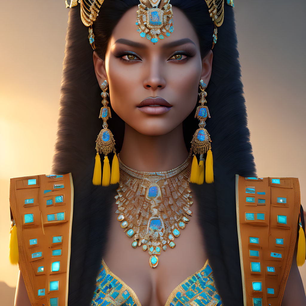 Regal figure with ornate headdress and jewel accessories in soft-lit setting