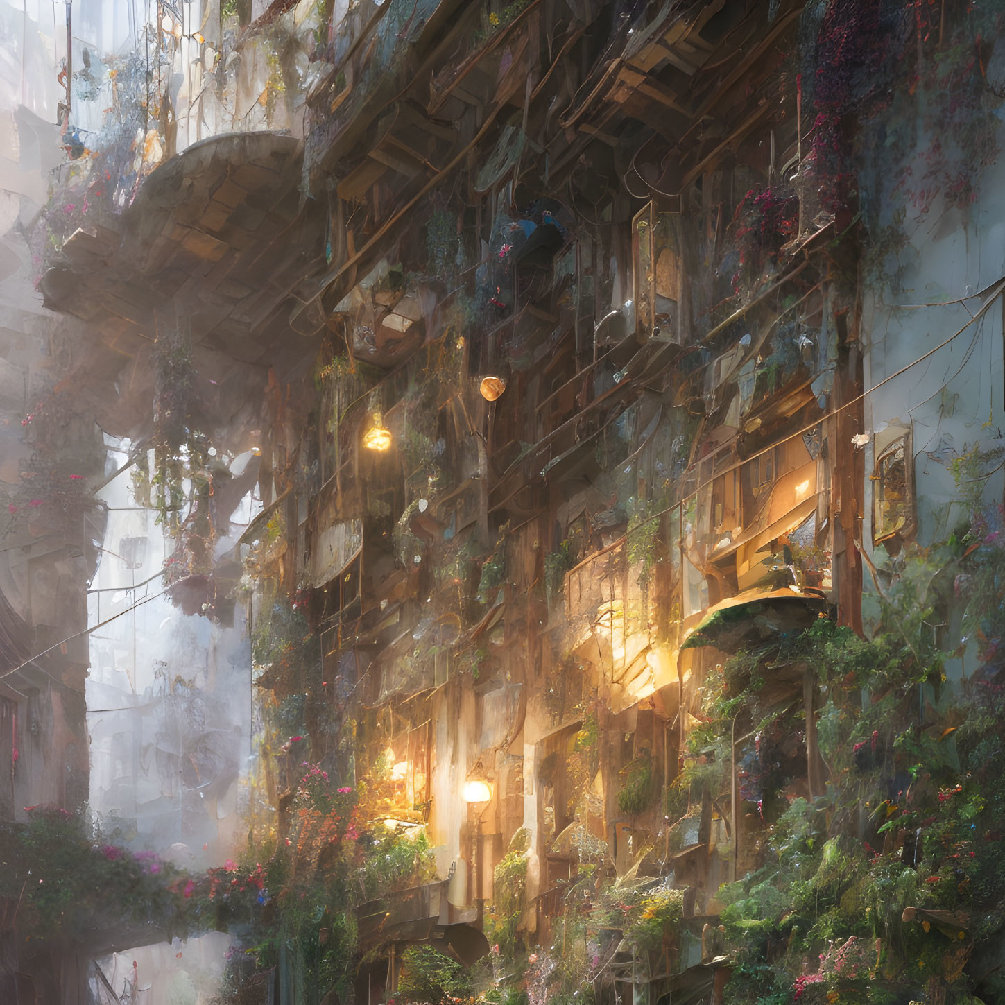 Intricate multi-story building with lush overgrowth and warm ambient light