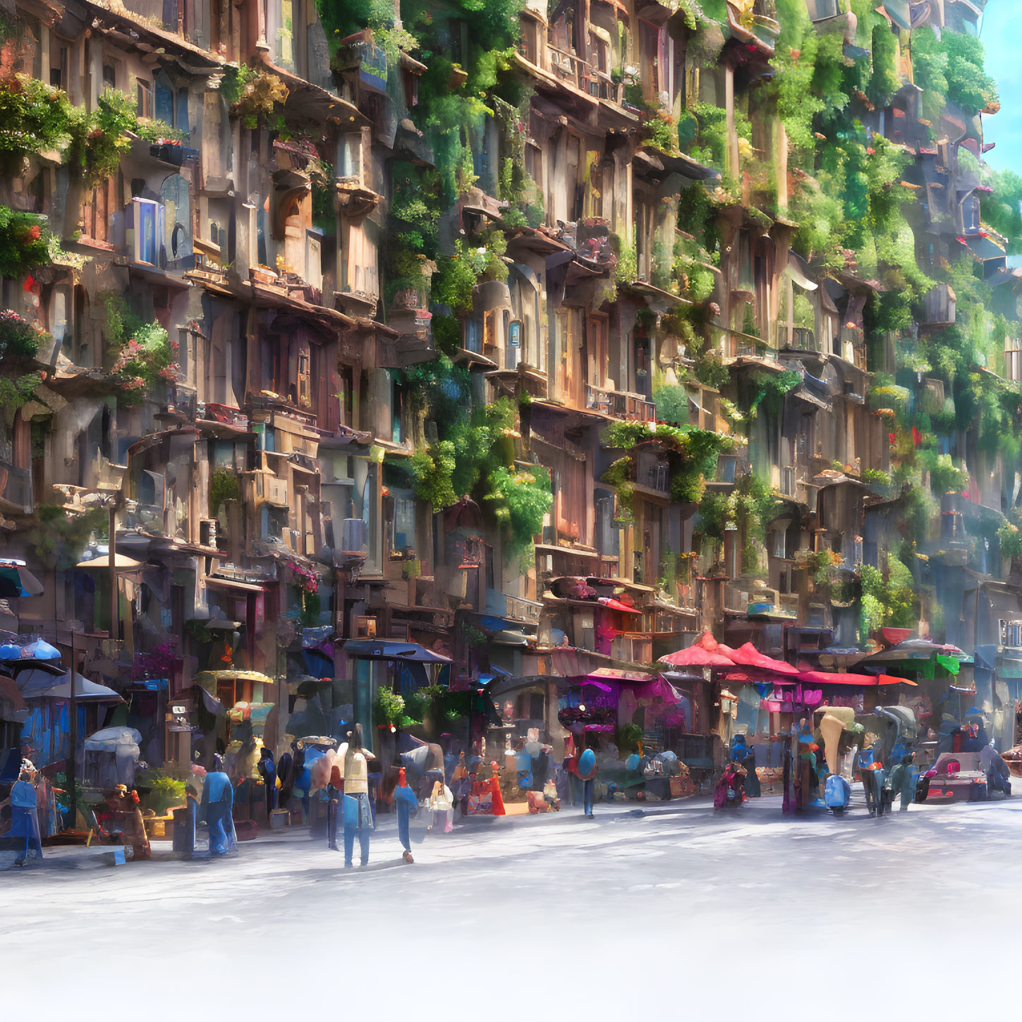 Vibrant urban street scene with colorful market stalls and sunlit buildings