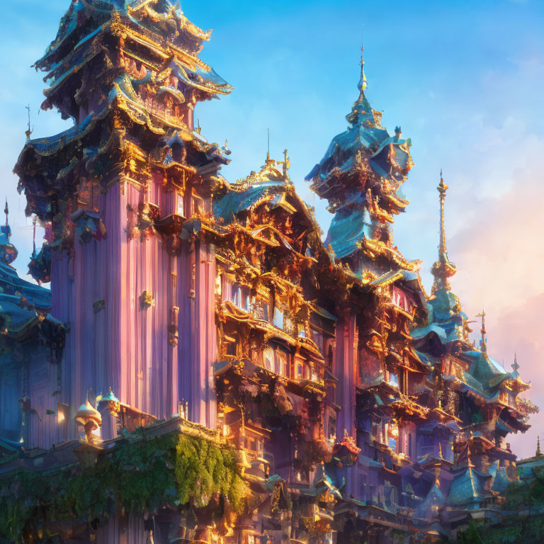 Ancient Palace with Intricate Architecture and Greenery in Warm Sunset Glow