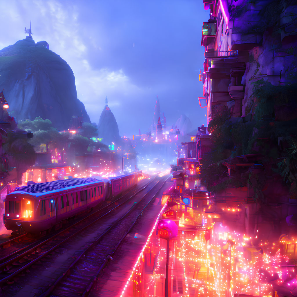 Futuristic cityscape at dusk with neon lights, train on elevated tracks, and towering rock formations