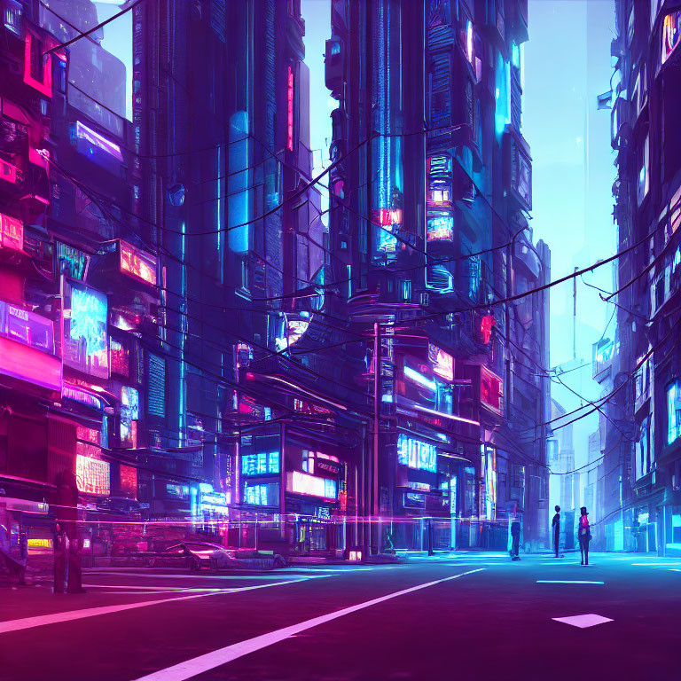 Neon-lit cyberpunk cityscape with skyscrapers and couple at dusk