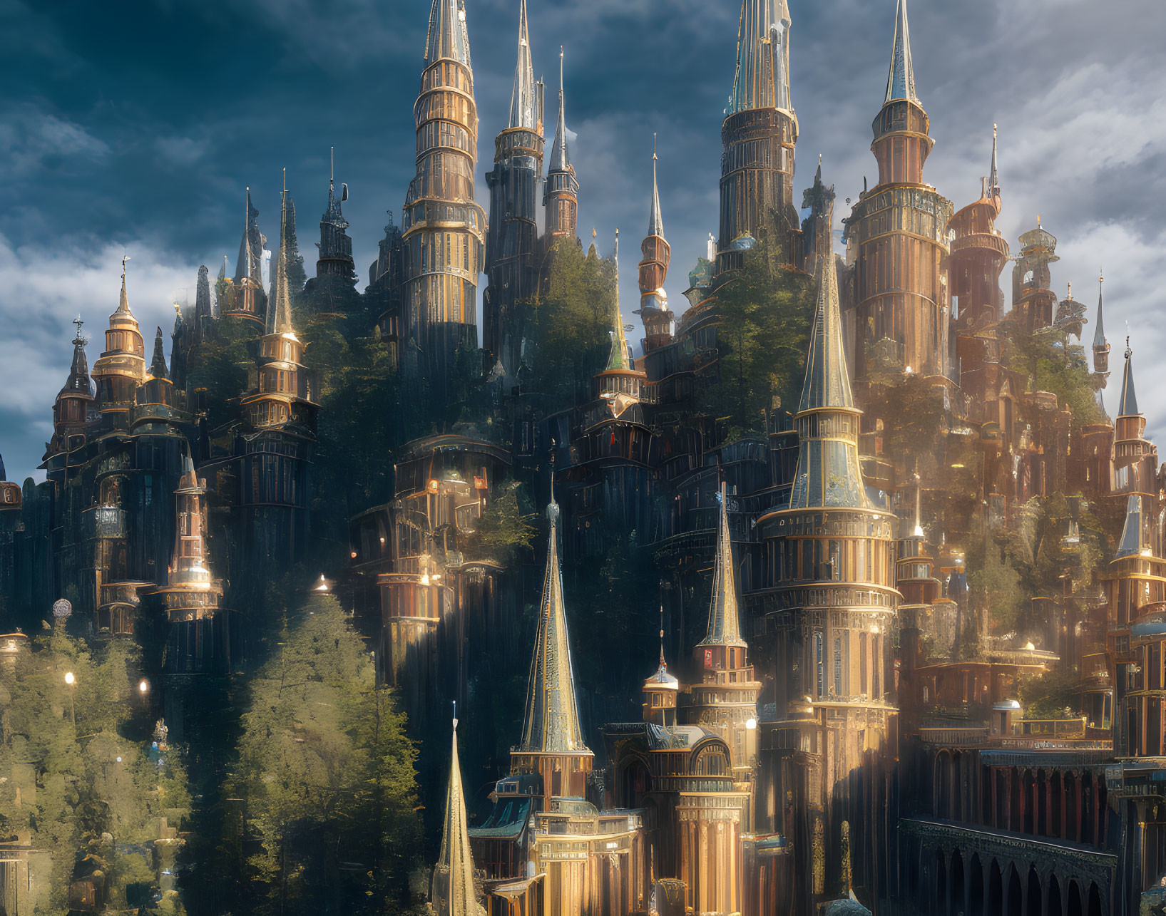 Fantastical cityscape with towering spires and intricate buildings