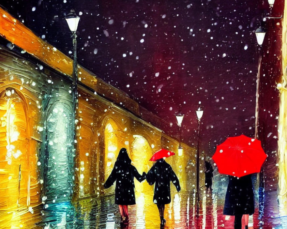 Nighttime snowfall scene: people with colorful umbrellas on wet, illuminated street