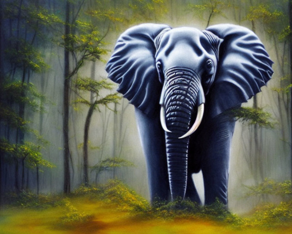 Misty forest painting: Elephant with tusks and flared ears in blue and green