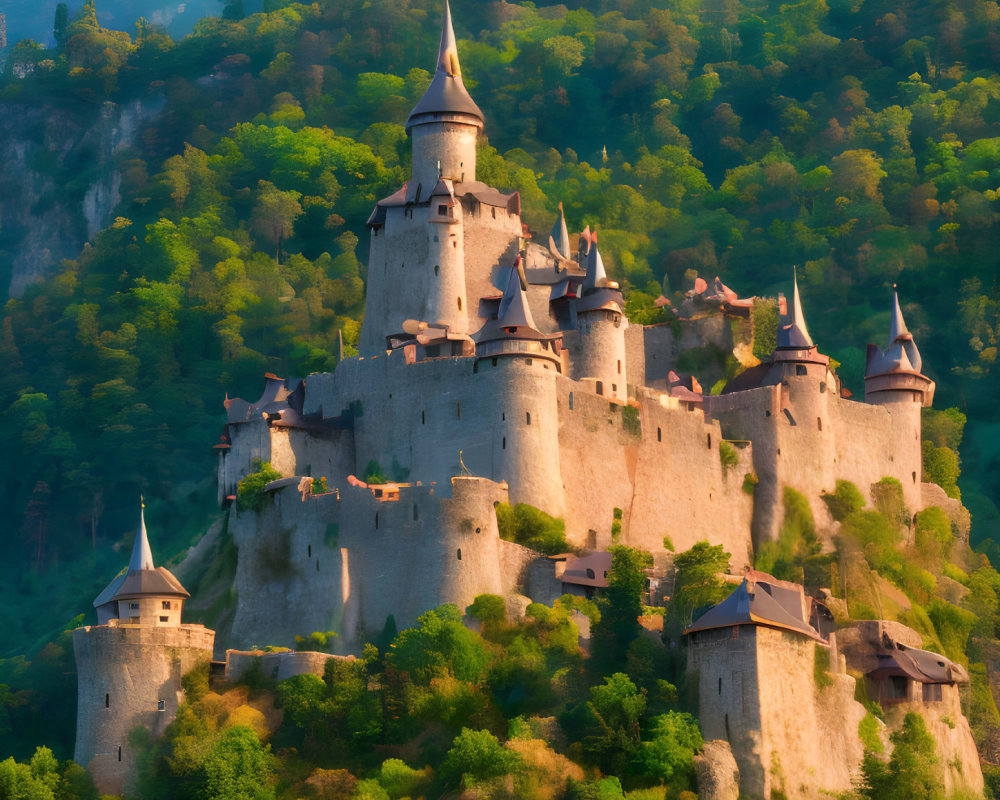 Majestic castle with spires on forest hill at golden hour