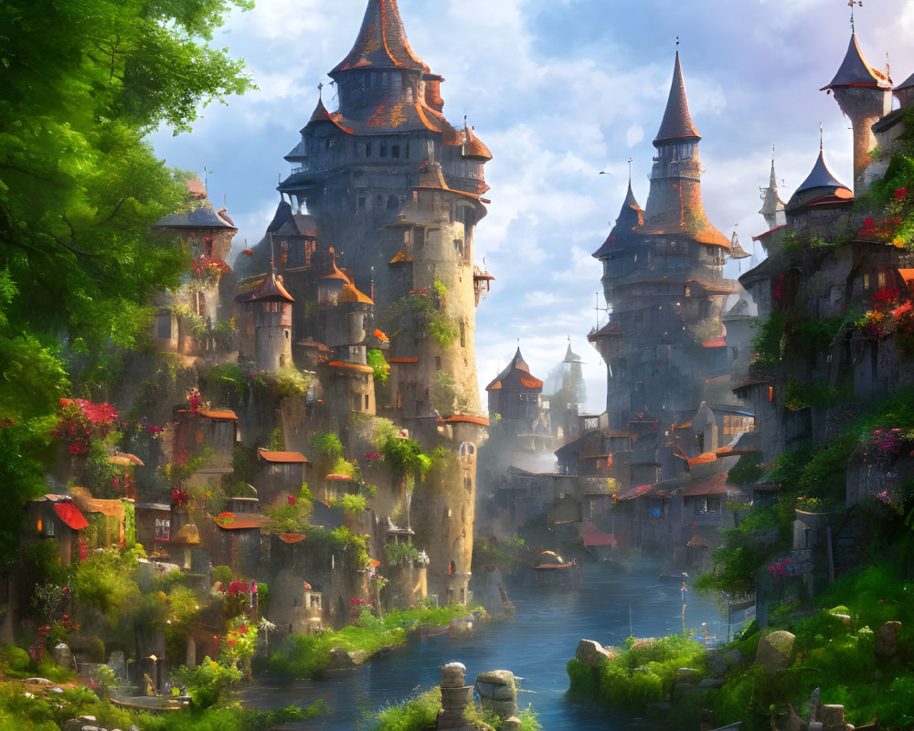 Tranquil fantasy river landscape with castles, greenery, flowers, and blue waterway