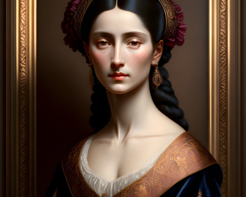 Classic Portrait of Woman with Braided Hair in Dark Gown and Gold Embroidery