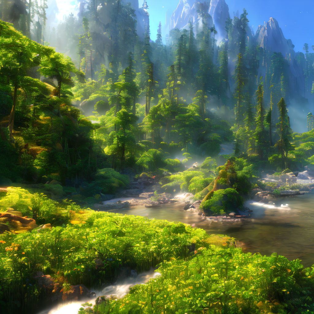 Scenic forest landscape with river, mist, and mountains