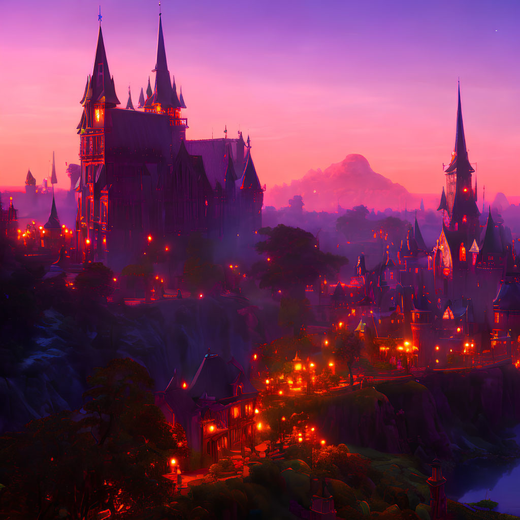 Fantastical castle town digital artwork with vibrant purple skies