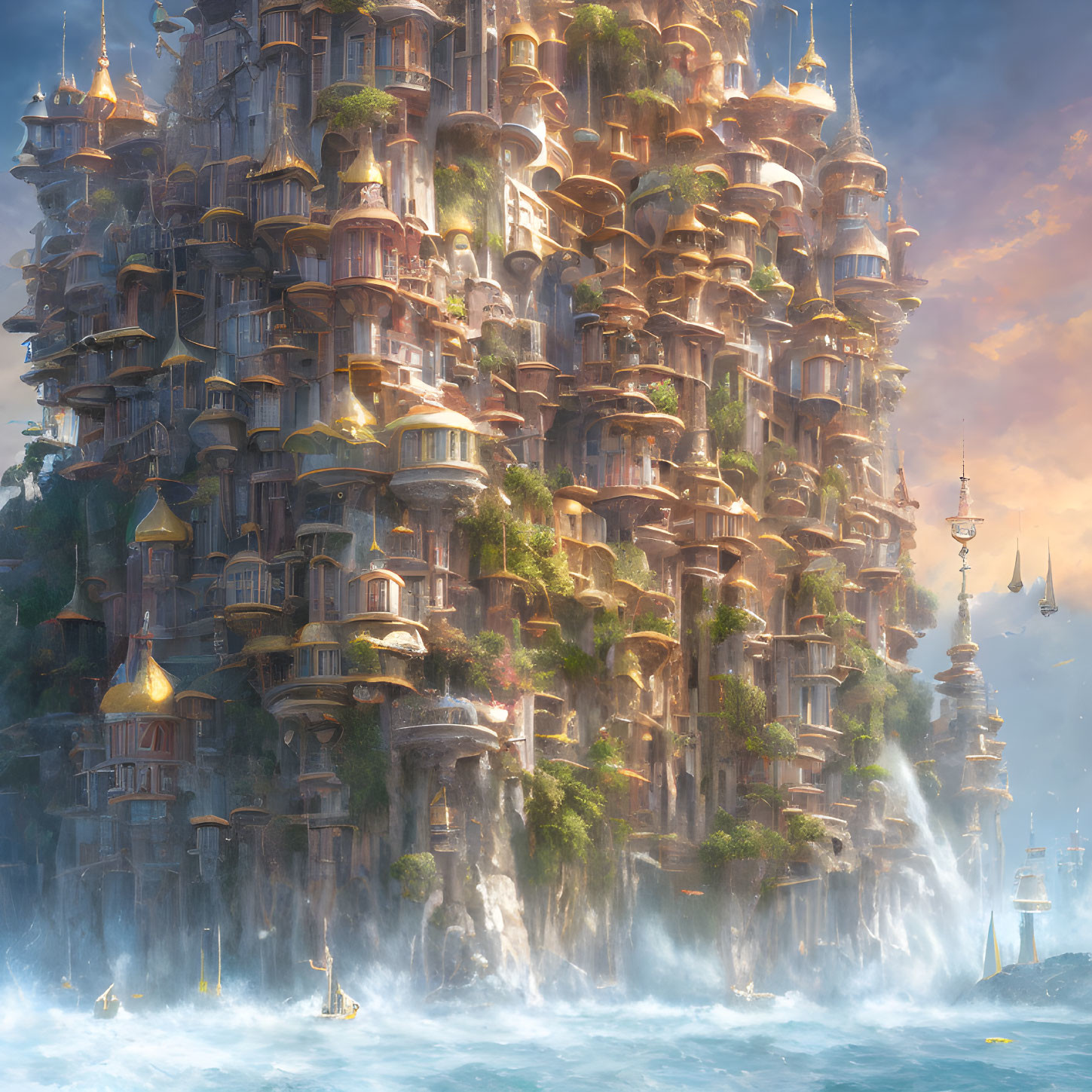 Majestic fantasy city with intricate buildings and waterfalls