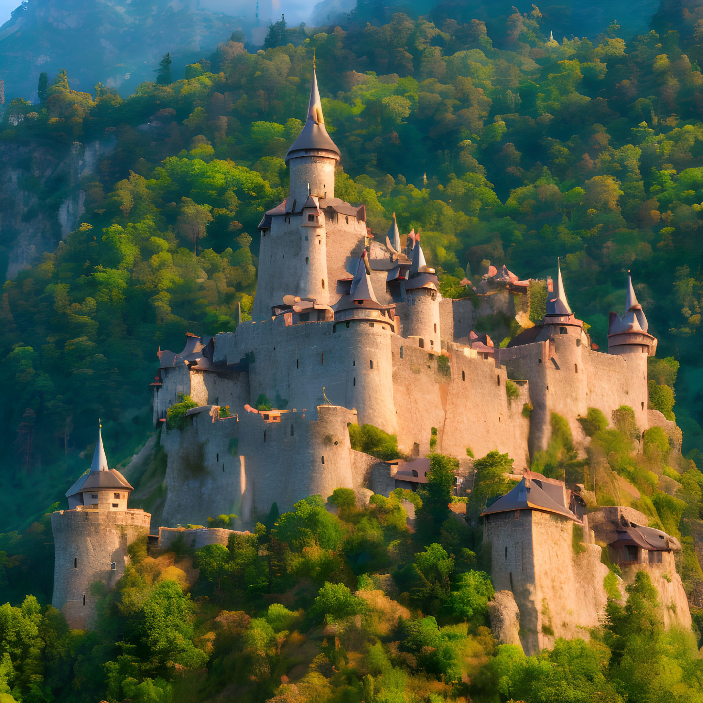 Majestic castle with spires on forest hill at golden hour