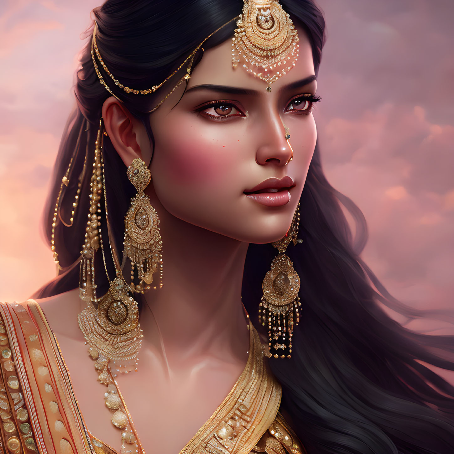 Detailed digital illustration of woman in elegant gold jewelry on warm-toned backdrop