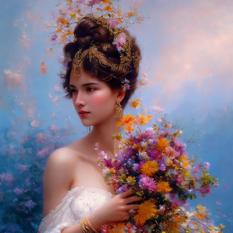 Elegant woman with updo and tiara holding vibrant flower bouquet