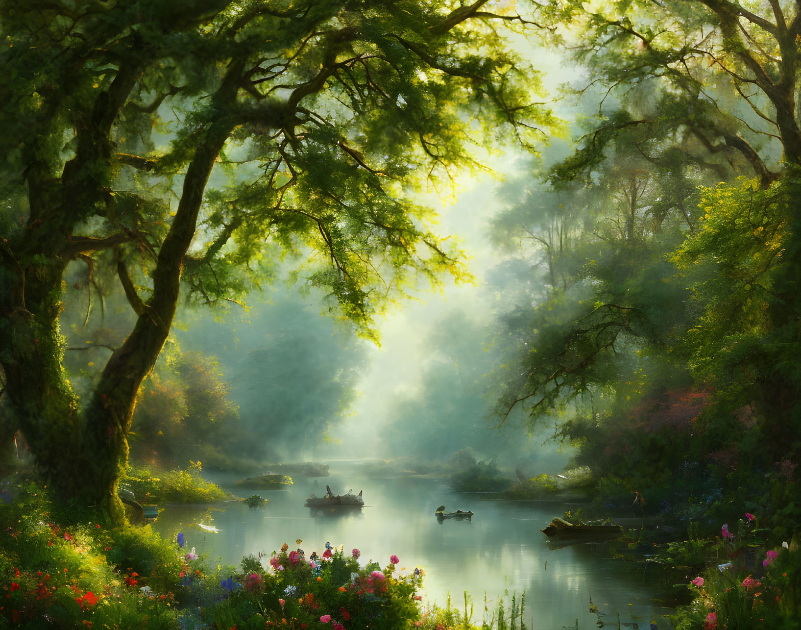 Tranquil forest scene with river, boats, and vibrant flowers