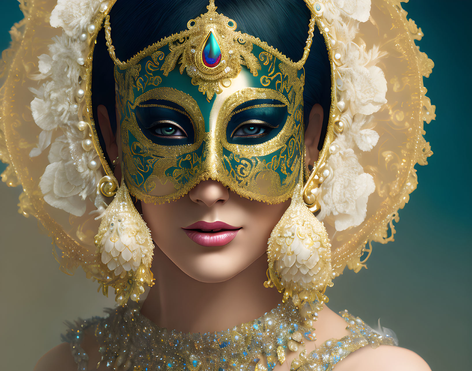 Woman adorned in ornate golden mask with peacock feathers and jewels.