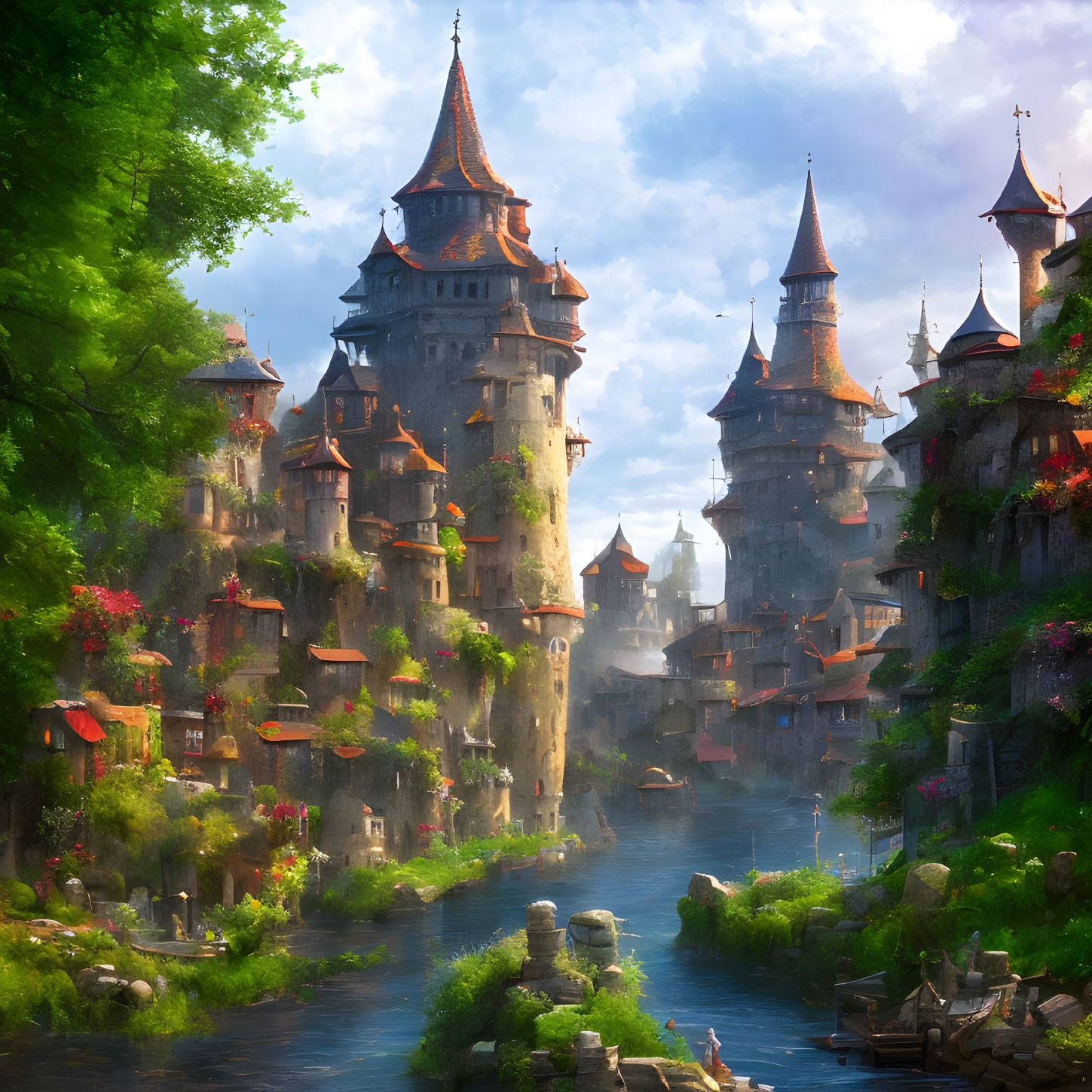 Tranquil fantasy river landscape with castles, greenery, flowers, and blue waterway