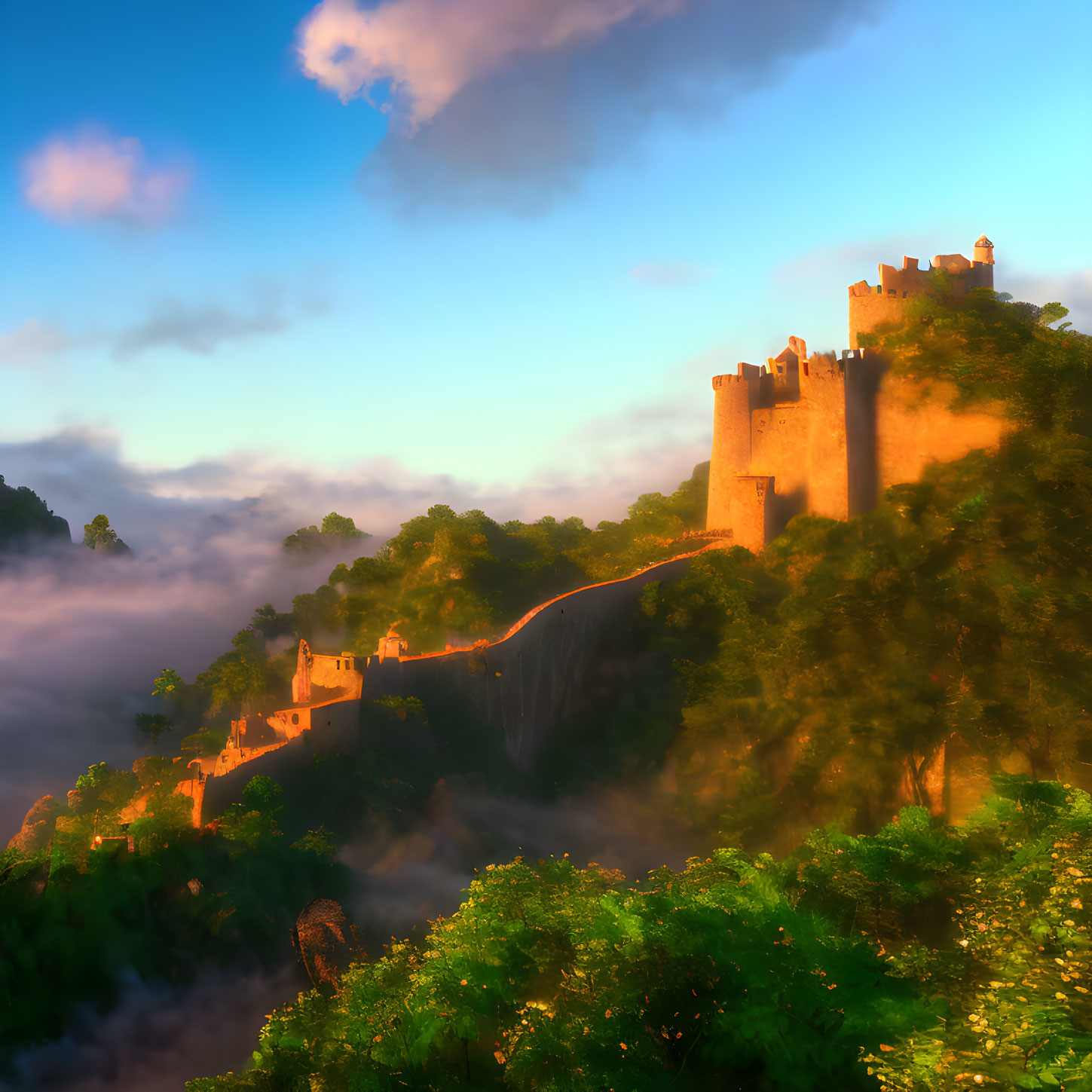 Majestic castle on cliff in warm sunrise light above sea of clouds