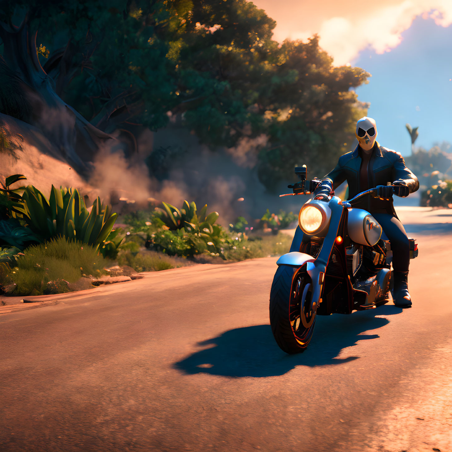 Person in Skull Mask on Motorcycle in Tropical Setting