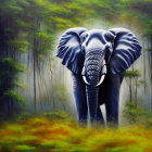 Misty forest painting: Elephant with tusks and flared ears in blue and green