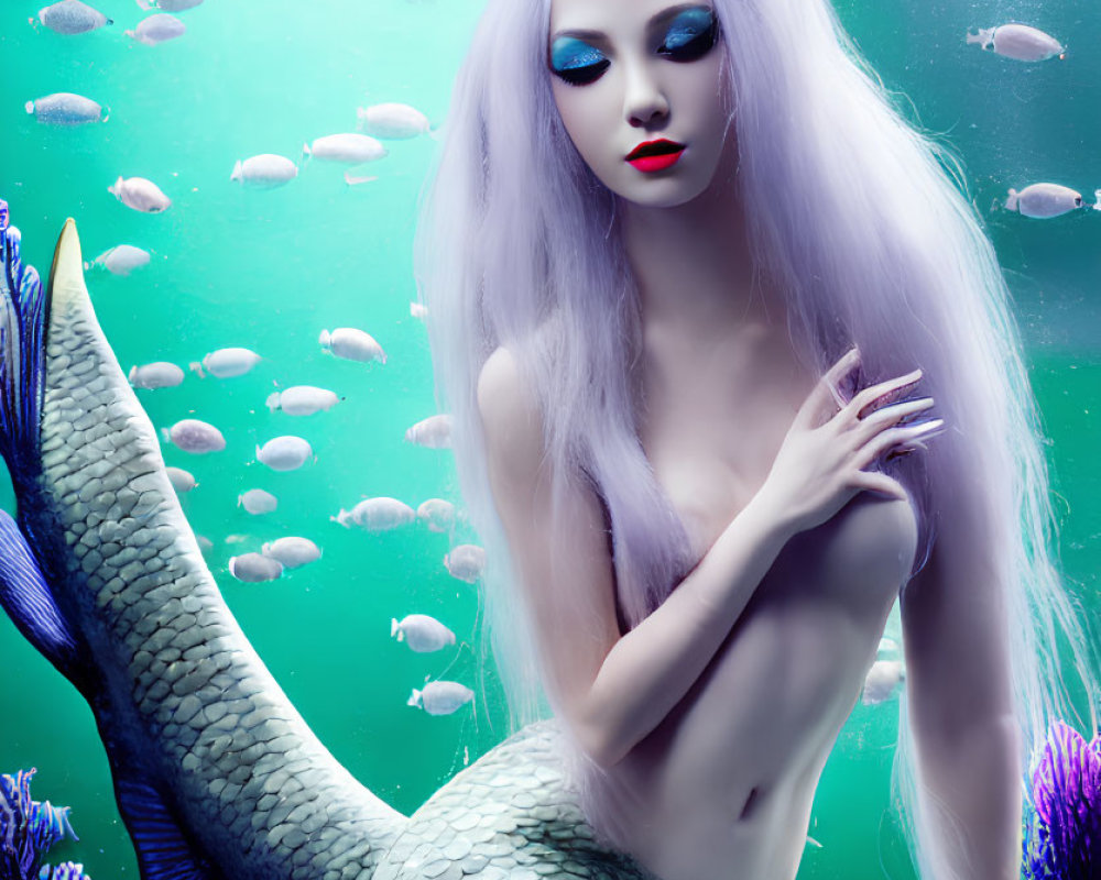 Fantasy illustration of a silver-haired mermaid underwater surrounded by fish and coral