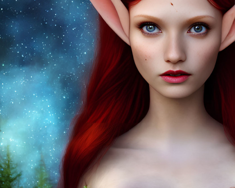 Fantasy illustration of female elf with red hair and blue eyes in starry sky setting