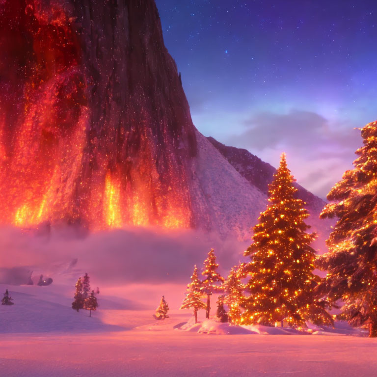 Snowy Dusk Mountain with Lava, Starry Sky, and Christmas Trees