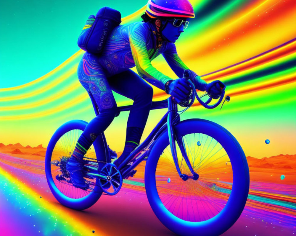 Colorful Cyclist Riding on Neon-Lit Path in Psychedelic Desert