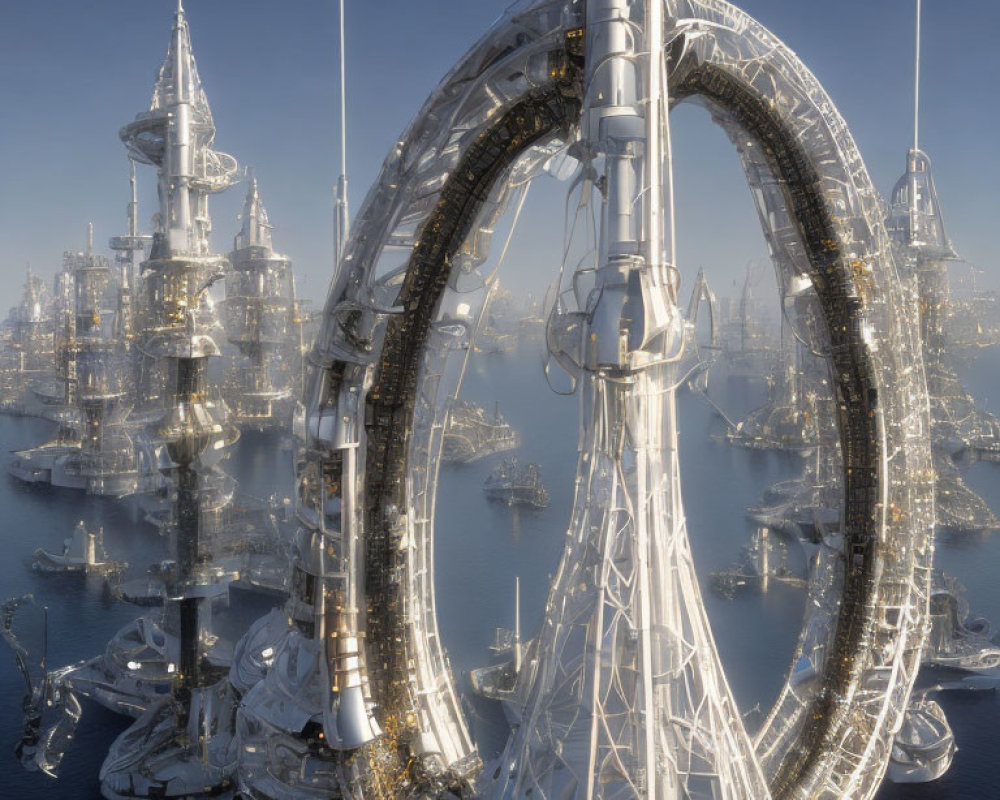 Futuristic cityscape with towering spires and circular structure by water