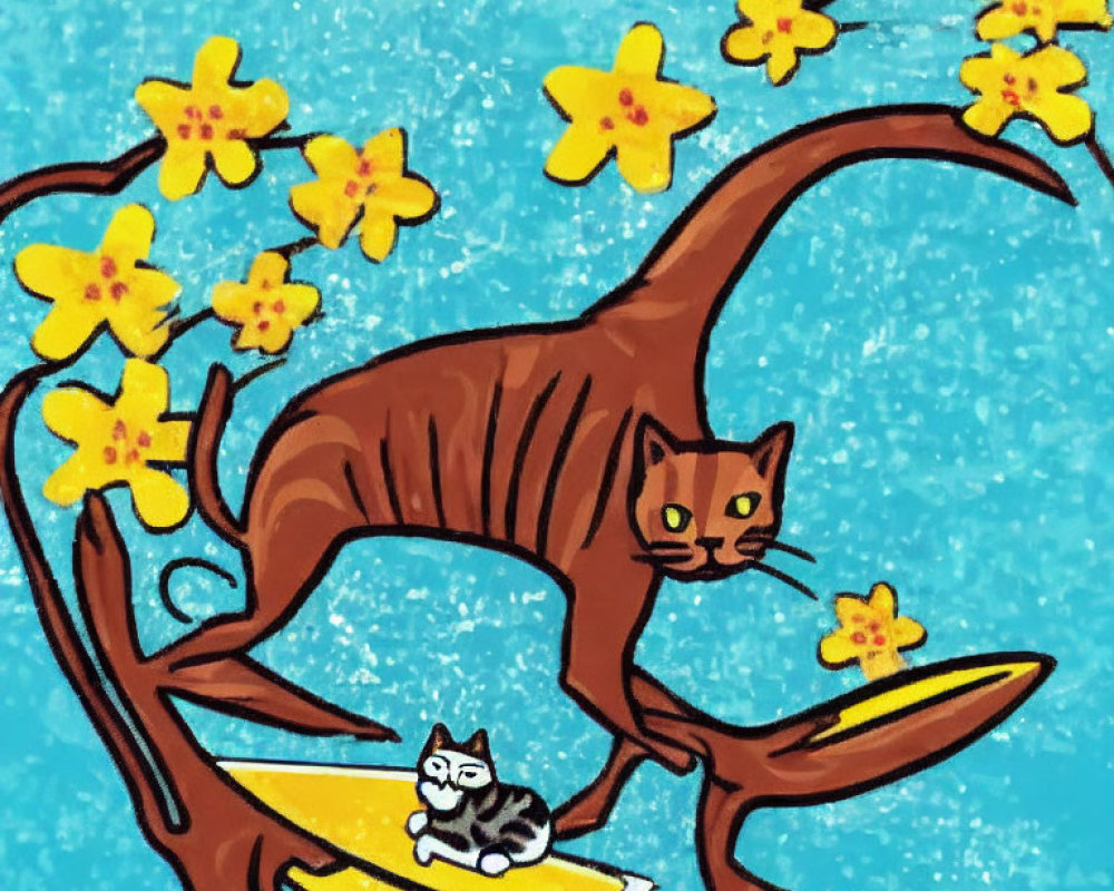 Illustration of brown cat on branch over water with yellow flowers, grey and white cat on surfboard