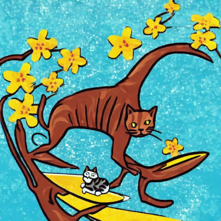 Illustration of brown cat on branch over water with yellow flowers, grey and white cat on surfboard