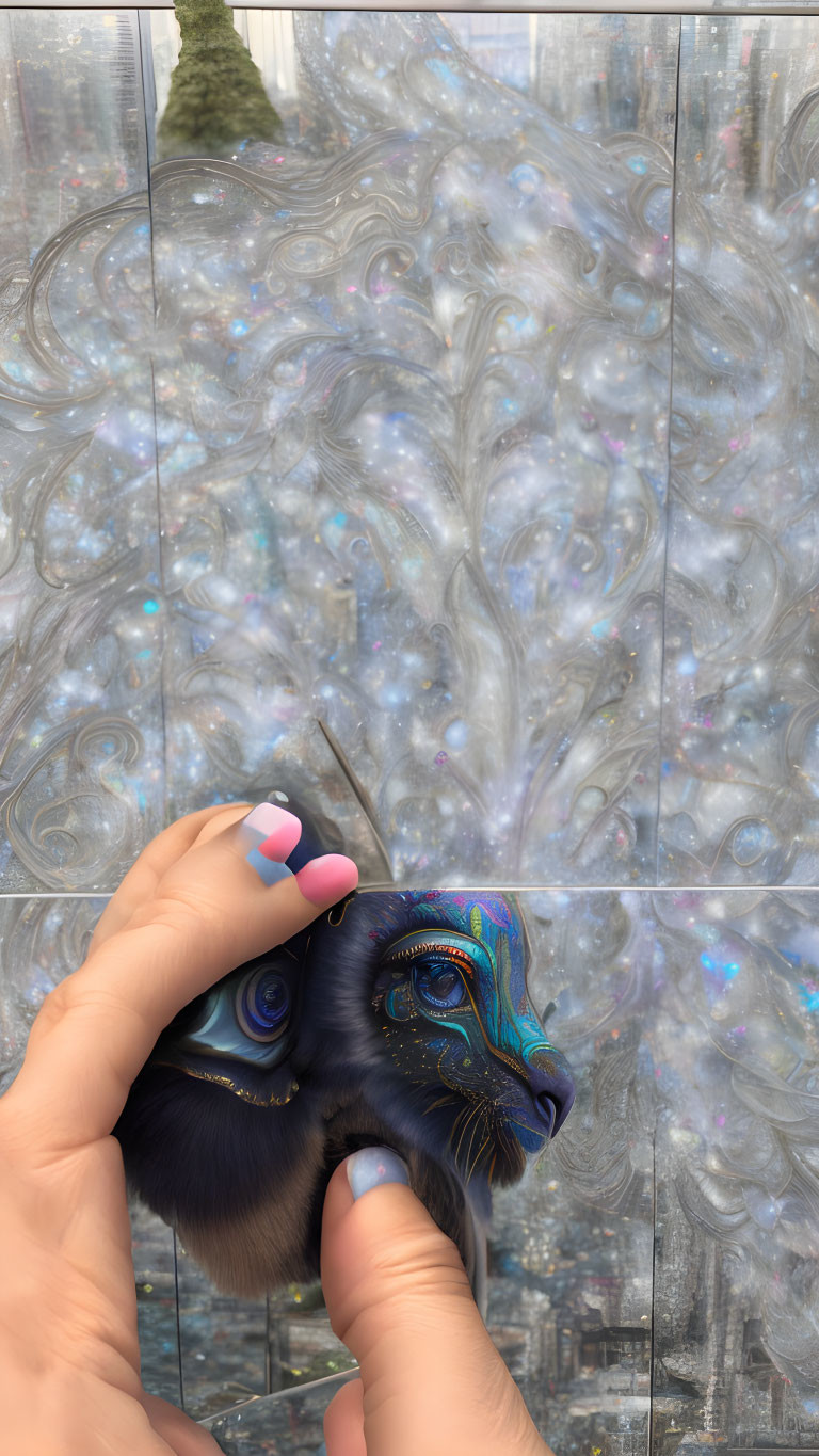 Colorful Nails Holding Peacock Feather Brush Over Abstract Canvas