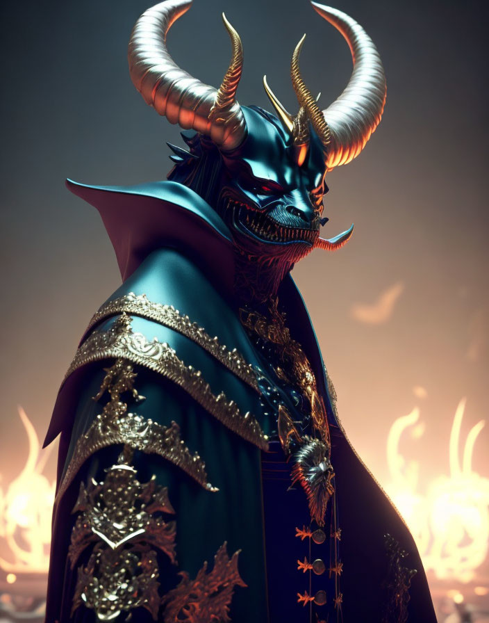 Horned demonic figure in intricate armor against fiery background