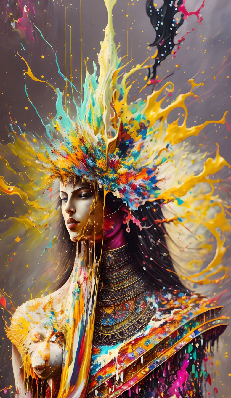 Colorful Abstract Portrait of Woman with Paint Explosion and Ornate Armor Garment