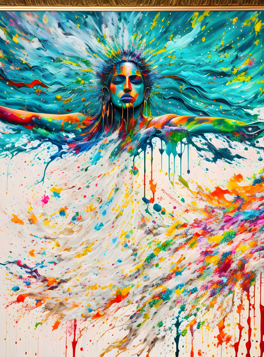 Colorful Abstract Painting: Face Amid Splashes and Waves