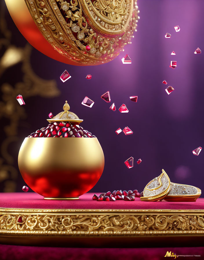 Golden Pot Overflowing with Red Jewels on Purple Background