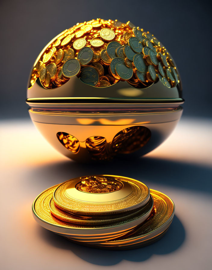 Golden spherical container with overflowing coins on saucer - 3D rendering