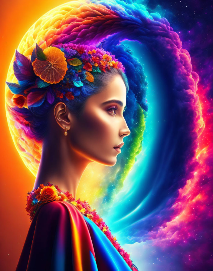 Colorful Woman Portrait with Cosmic Hair and Rainbow Garment