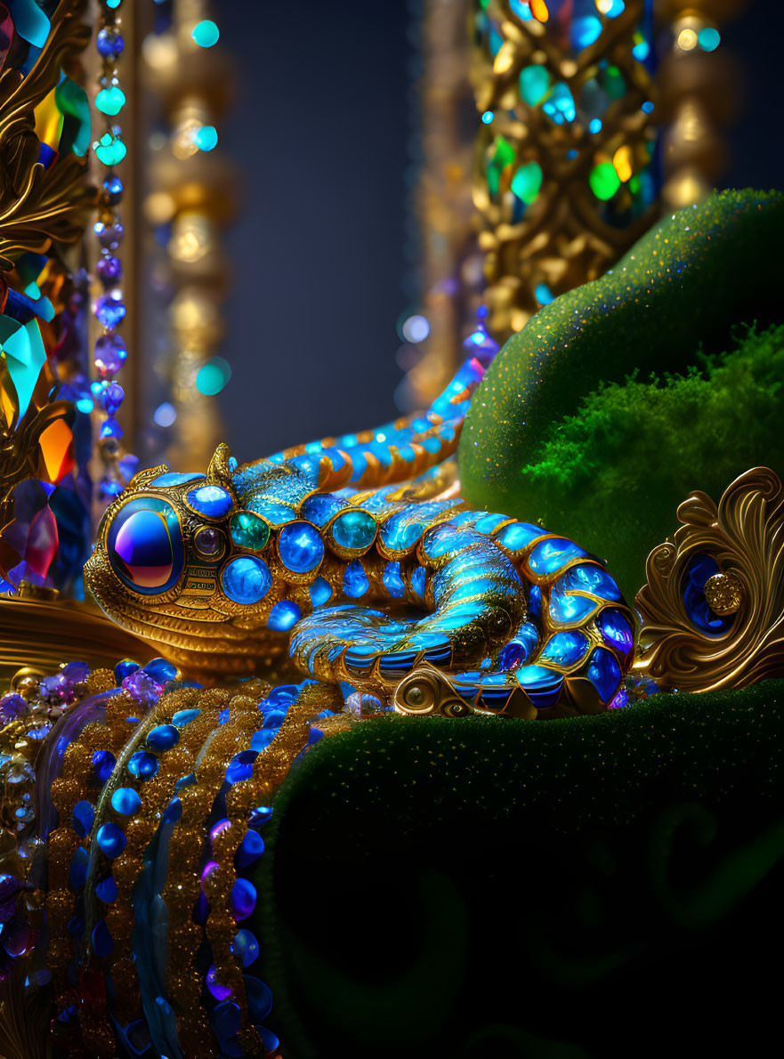 Golden snake with blue gemstones on ornate surface.