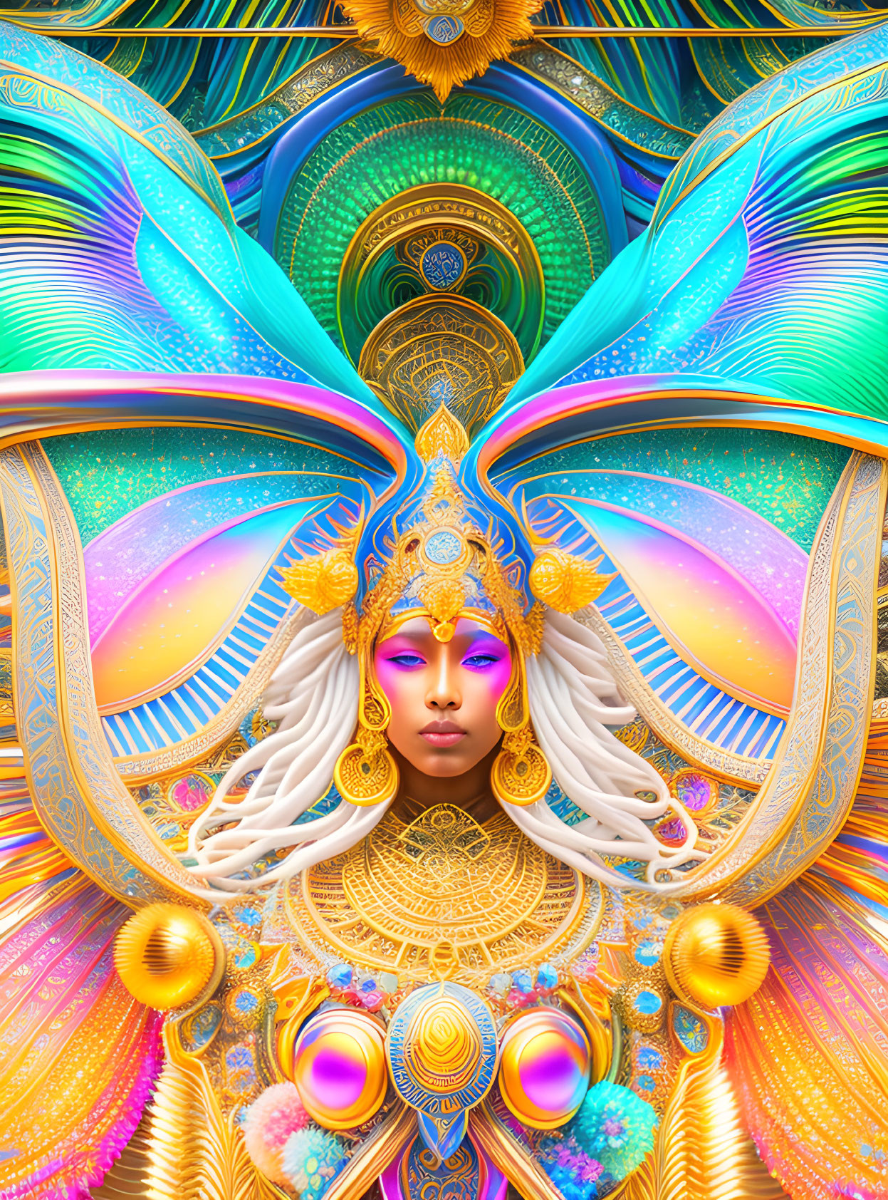 Colorful digital artwork: Serene female figure with golden headdress & peacock motifs