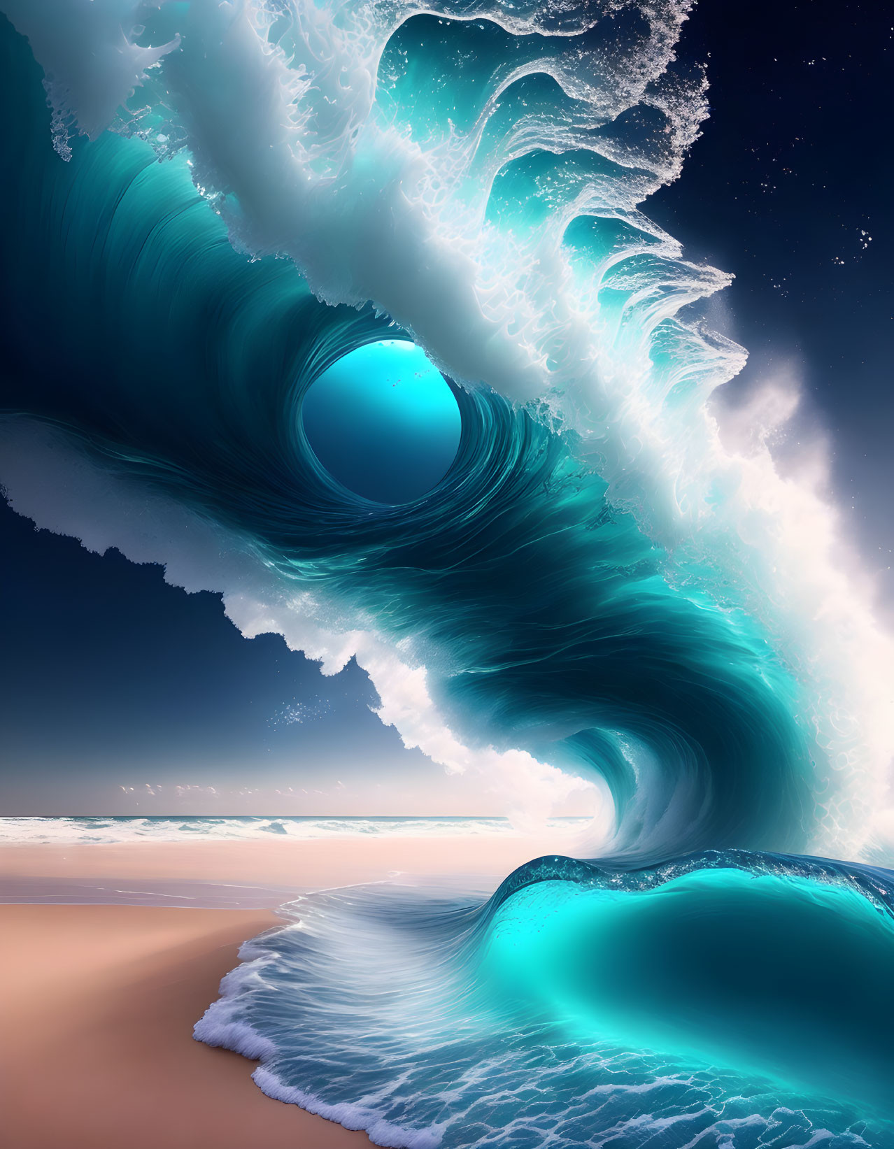 Massive wave curling into circular tunnel under starry sky