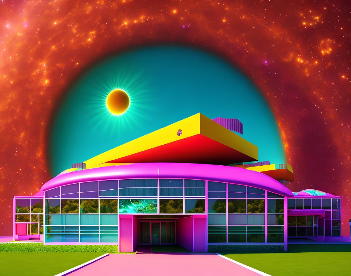 Vibrant surreal modern building under cosmic sky with pink and cyan hues.