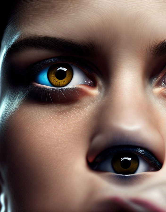 Detailed Close-up of Person's Vibrant Blue Eyes with Dilated Pupils and Dramatic Makeup