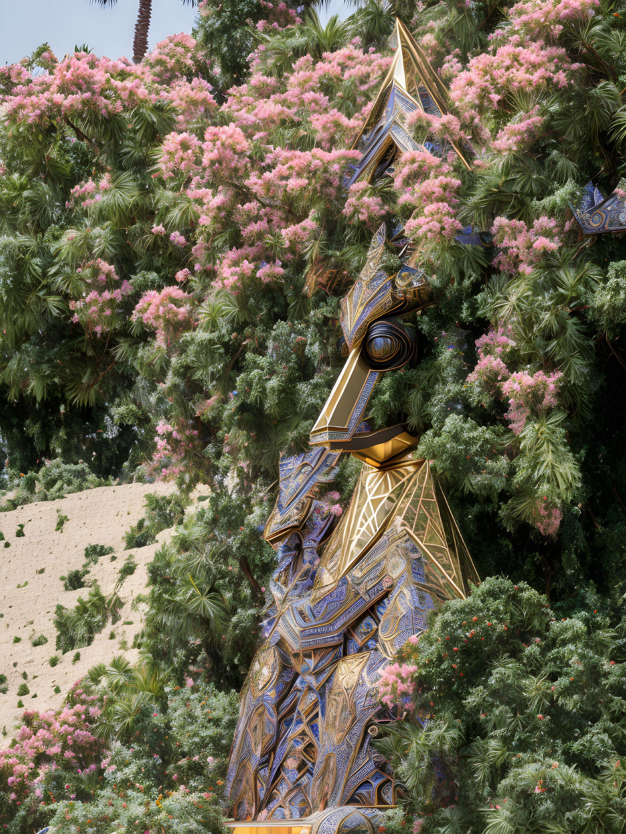 Metallic geometric sculpture surrounded by pink flowers, palm trees, and sandy backdrop