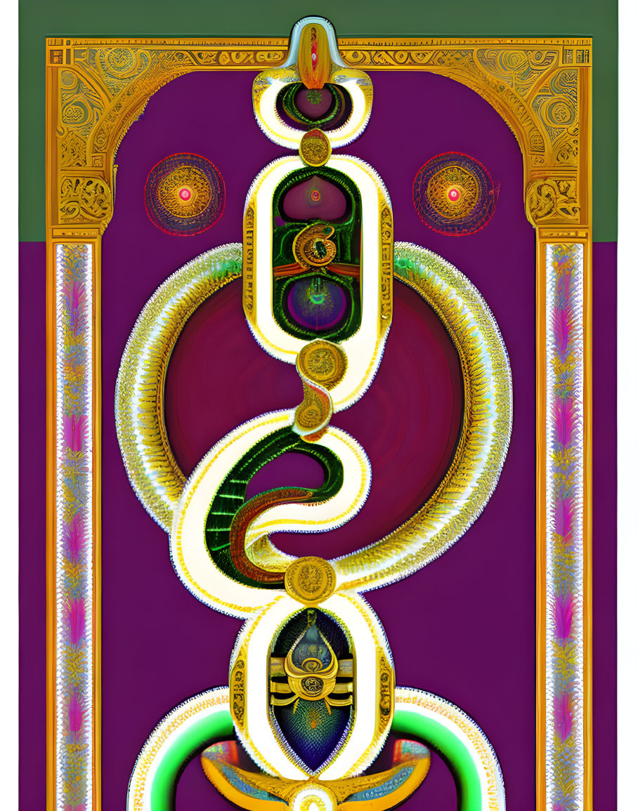 Symmetrical digital artwork with loops and swirls in gold, white, and green tones on a purple