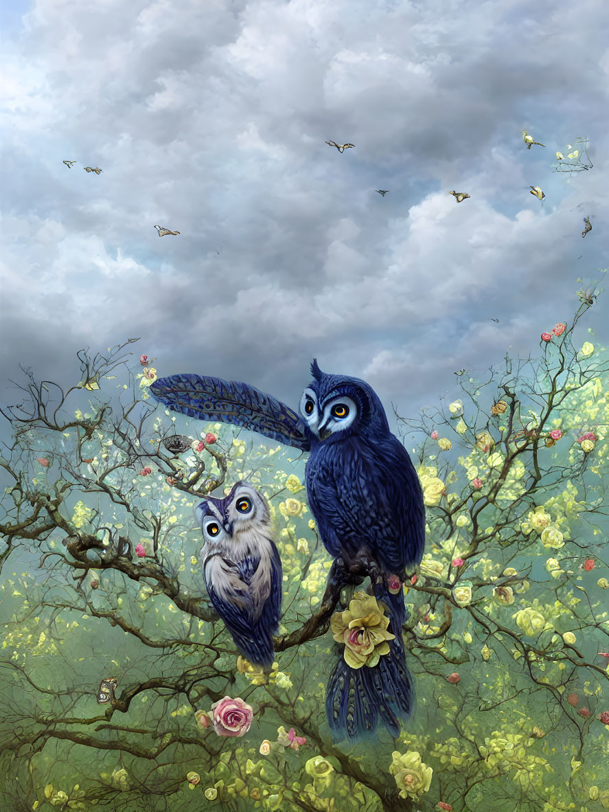 Stylized owls on tree branch with butterflies under cloudy sky