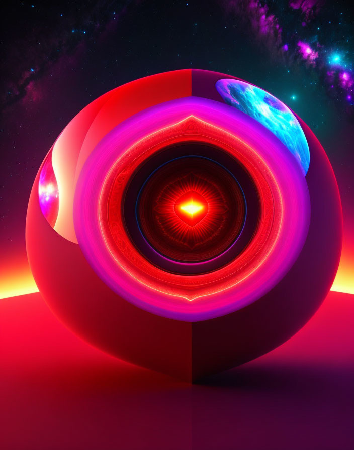 Colorful digital artwork: glossy sphere with neon rings on cosmic background